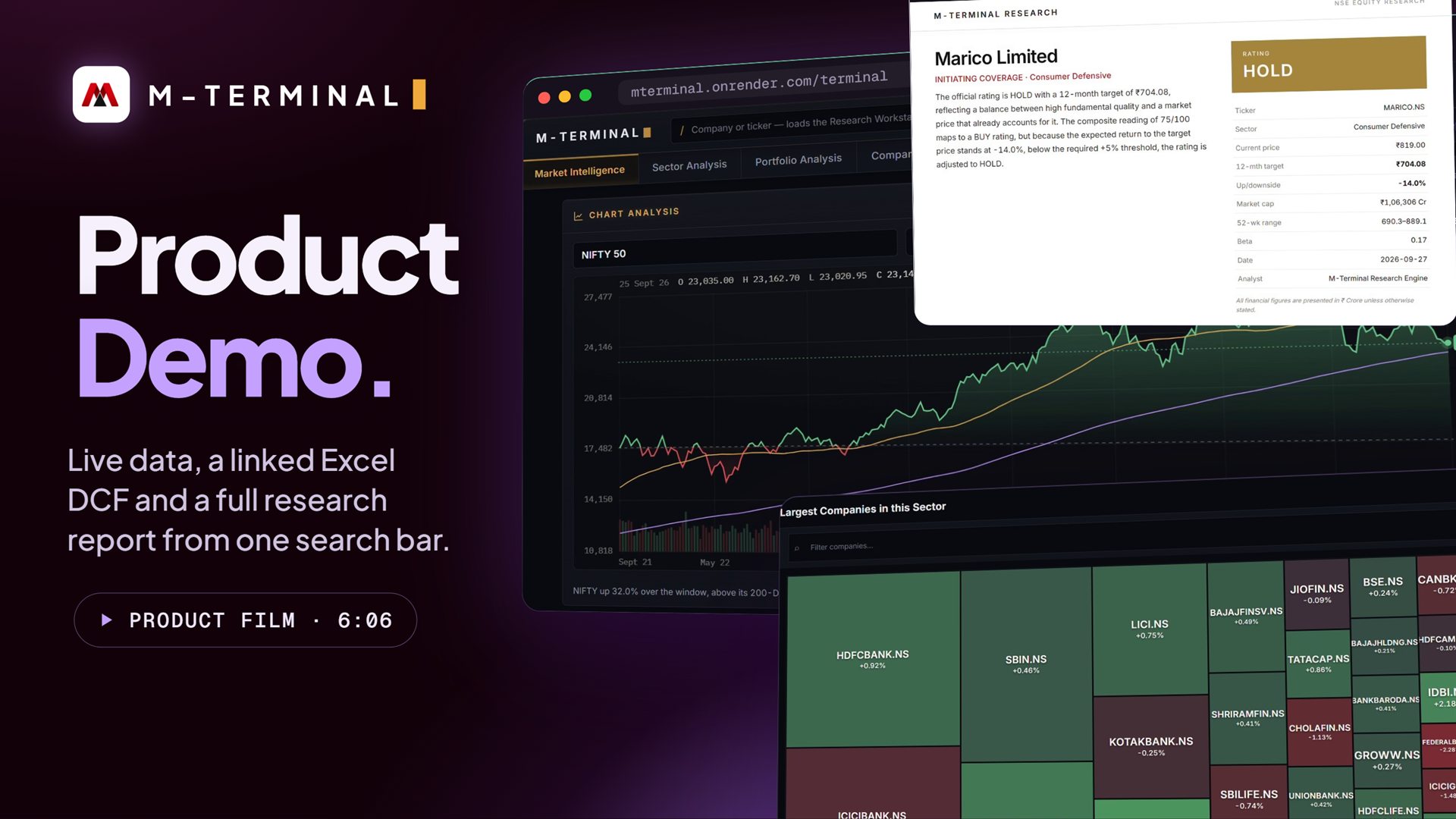 M-Terminal product demo — live data, a linked Excel DCF and a full research report from one search bar